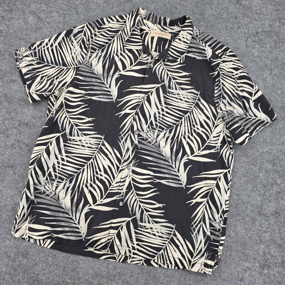 Tommy Bahama Mens XXL Black White Palm Leaf Print 100% Silk Camp Shirt